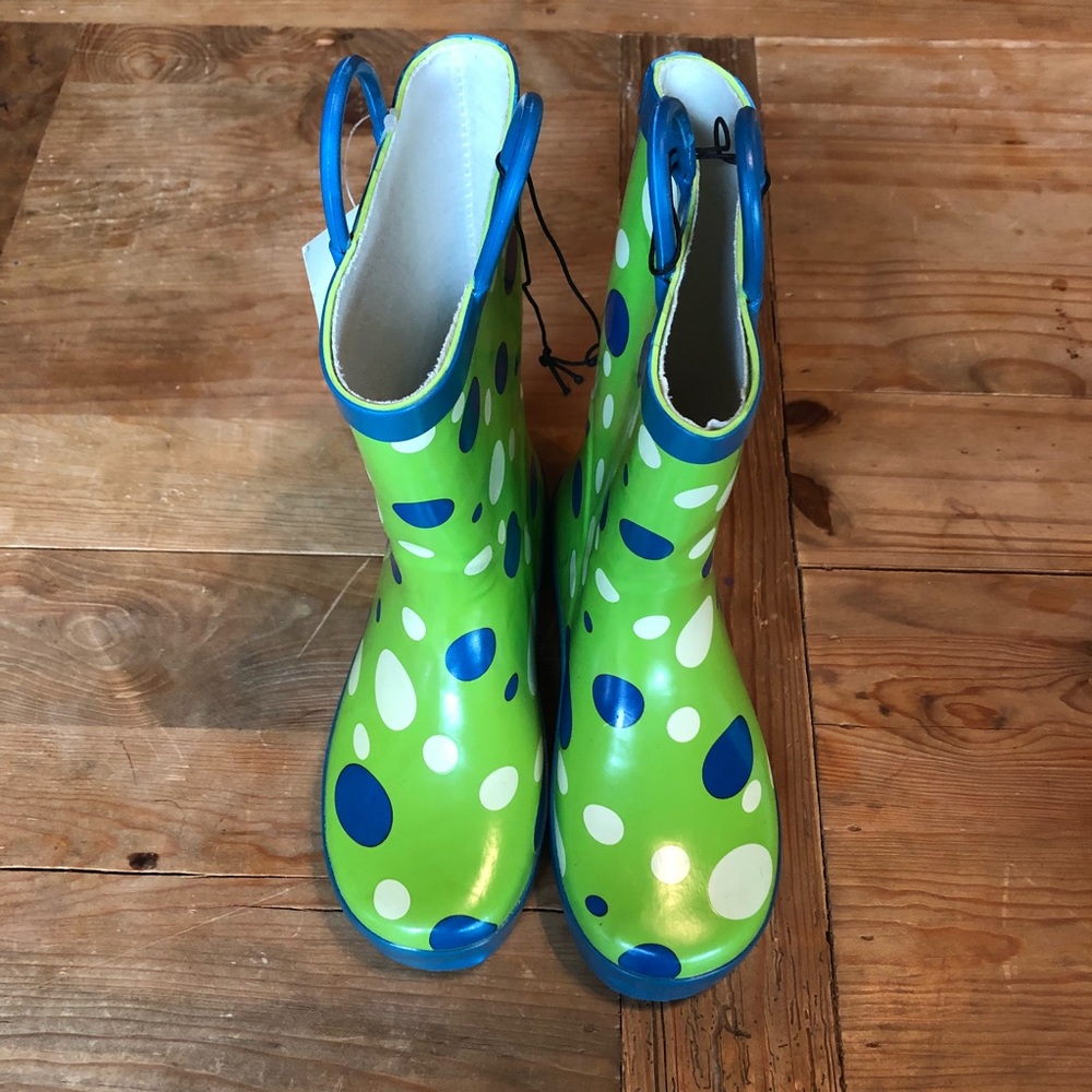 Large blue and green polka dot rain boots, large